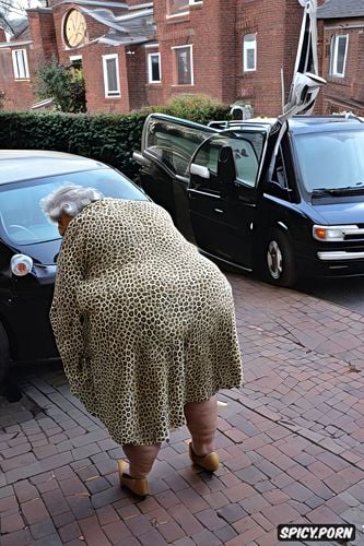 90 year old, very thick legs, very short dress, fat woman wanking the newspaper delivery man very wide hips