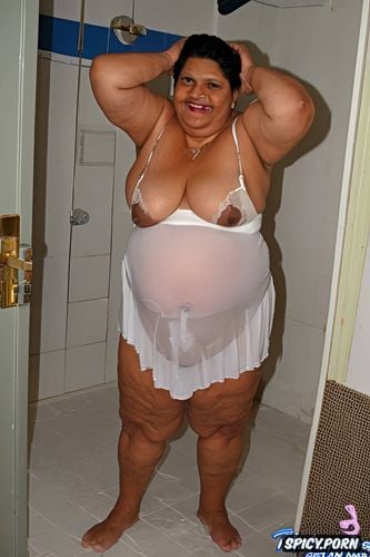 wearing a sleeveless white sheer night gown, she smile, a photo of a short ssbbw hispanic pregnant granny standing up in the badroom