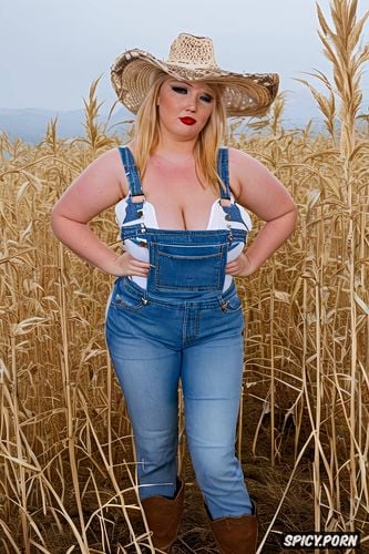 cowboy hat, standing in a cornfield, busty1 2, plump red lips