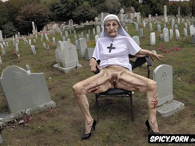 catholic nun, pale, very old granny, cemetery, spreading cellulite legs