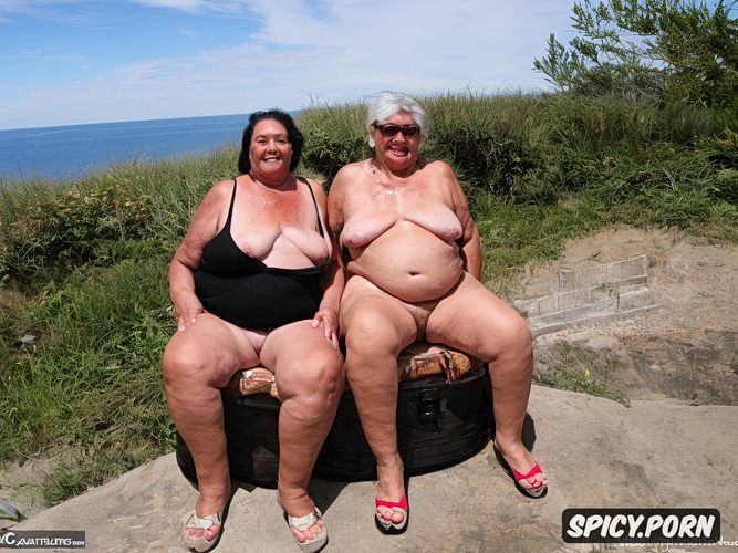 she is short, they are sitting on short plastic stools, a camcorder shot of two olds ssbbw hispanic grannies naked at beach