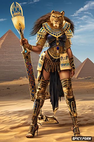 fit body with lioness face, traditional egyptian clothing, lioness headed egyptian goddess woman sekhmet armed with swords walking through a desolate desert with human skulls and skeletons in the sand