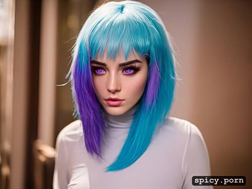 pastel colors, purple eyes, 3dt, light blue hair, full body