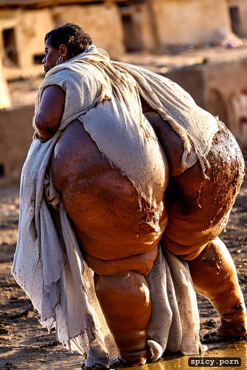 in mud pit, in filthy slum, massive ass, traditional arabic dress