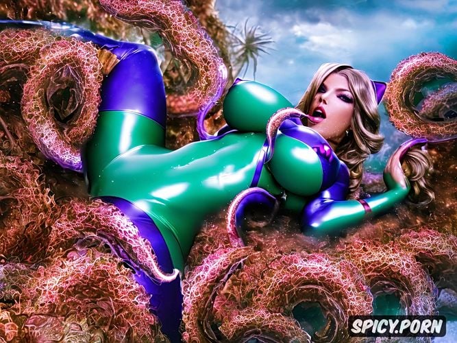 tentacles under the suit, lying on a mass of oozing purple tentacles in a tentacle monsters lair pussy and ass spread and fucked and attacked brutally by many oozing purple tentacles