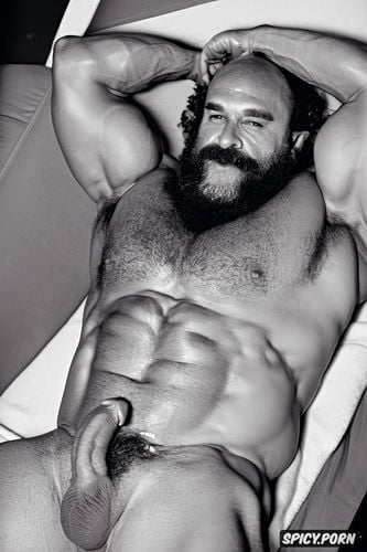 getting up his hairy arms, big bicep, ripped abs, showing lay down in a sofa his gigantic hard uncut erect dick