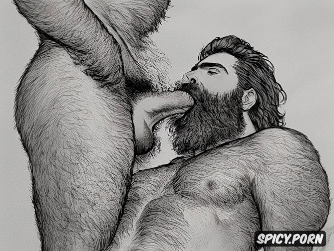 huge penis, rough sketch, 35 yo, natural thick eyebrows, rough sketch of a naked bearded hairy man sucking on a huge penis