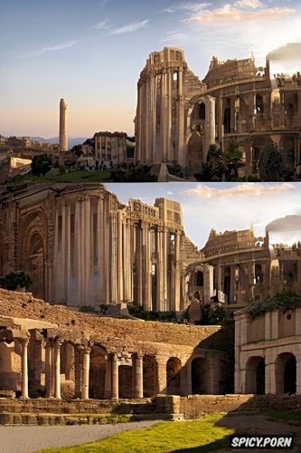 pale skin, big natural breasts, historical roman buildings in the background