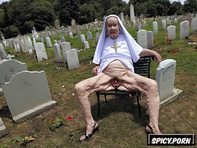 catholic nun, pale, very old granny, cemetery, spreading cellulite legs