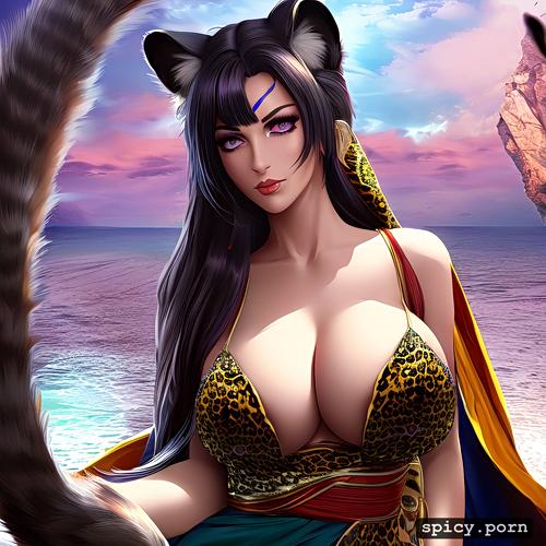 seductive face, busty, catlike, leopard tail, 40 yo, gigantic boobs