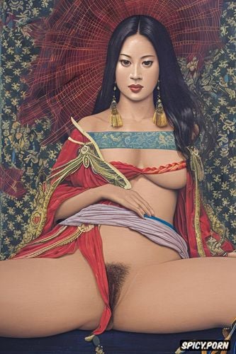 carpet art, thick thai woman, cranach, innocent face, hairy vagina