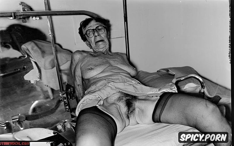 big glasses, wrinkled, hairy pussy, upskirt, spread legs on abandoned hospital bed