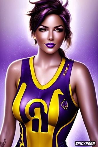 tracer overwatch beautiful face purple and gold basketball jersey purple and gold basketball shorts beautiful face busty milf