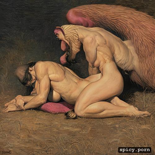 pink and blue, baboon face, pink vagina, voluptuous body, paolo uccello