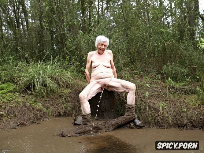 gray pussy, small hanging empty breasts, laying on back in mud