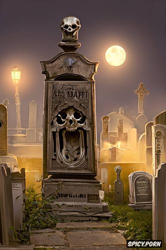 foggy, moonlight, graveyard at night, scary glowing walking human skeleton
