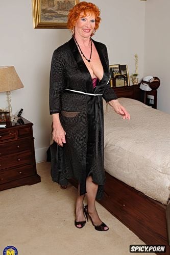 necklace, undressing, silk gloves ginger hair fair skin open silk robe stockings