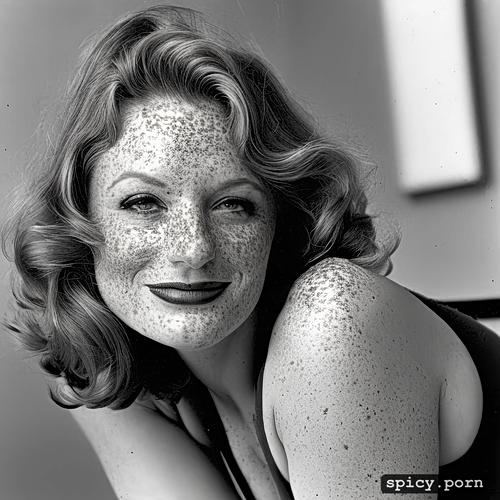 freckles, highres, natural red hair, 1970 s style clothing, elizabeth moss