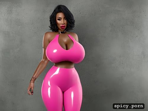 fat, breast expansion, wide hips, neon pink short hair, pink pvc