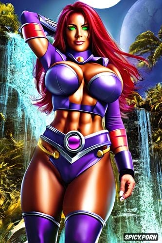 muscles, tits out, ultra detailed, 8k shot on canon dslr, starfire dc comics new 52 beautiful face topless