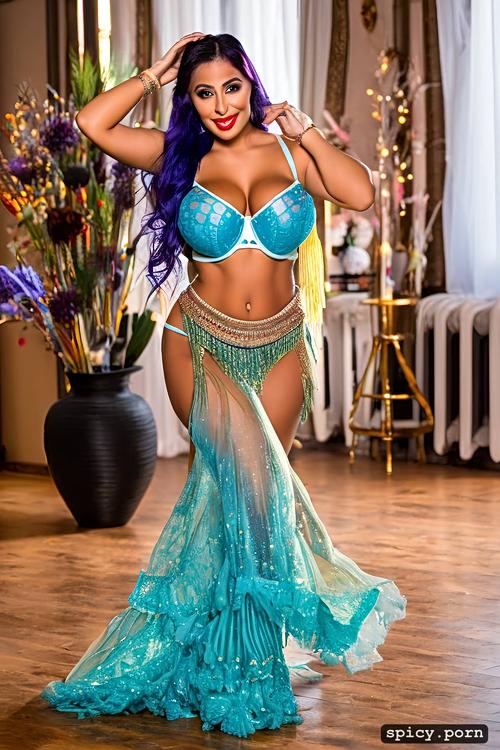 thick body, perfect stunning smiling face, super detailed, beautiful bellydance costume with matching bra