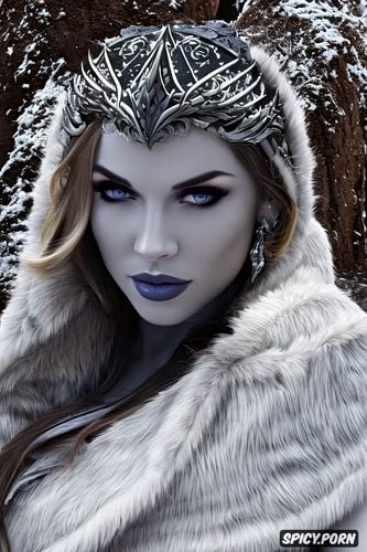 high sharp cheekbones, white bearskin cloak, val, wildling princess