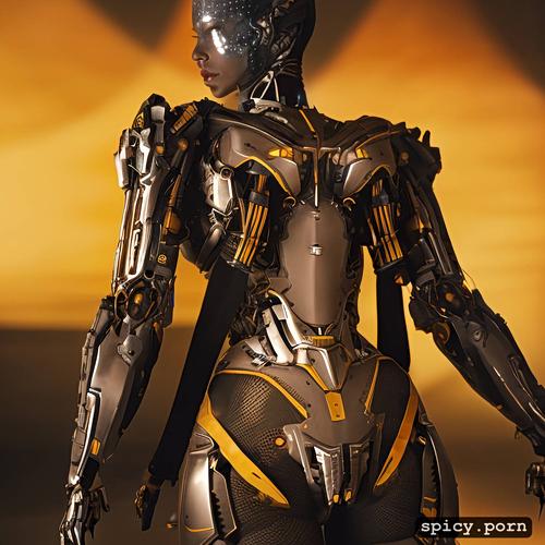 yellow and black colors, female, strong warrior robot, comprehensive cinematic