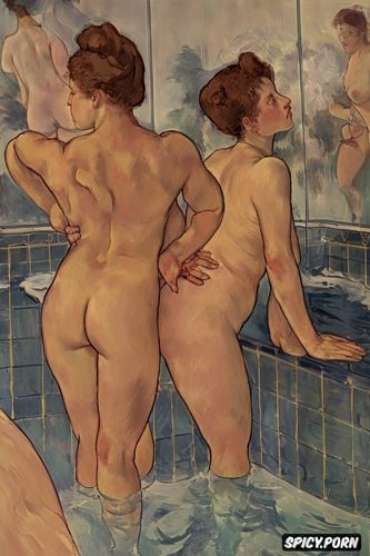 fat ass, women in humid bathroom with fingertip nipple touching breasts tiled bathing intimate tender lips fat body