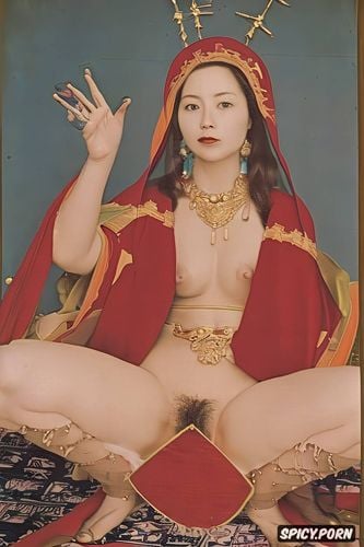 thick thai woman, transluscent veil, 2 dimensional, hairy vagina