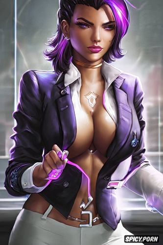 sombra overwatch female president of the united states black blazer white shirt shirt unbuttoned beautiful face chest tattoos milf