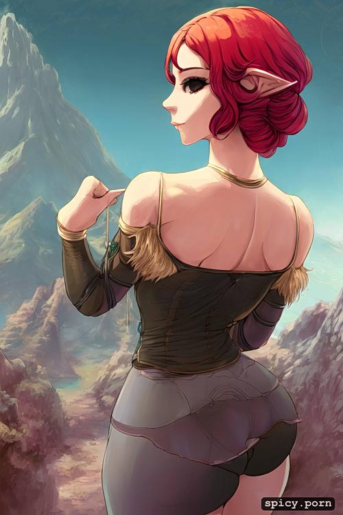 short shorts, tiara, volcanic background, black eyes, red hair