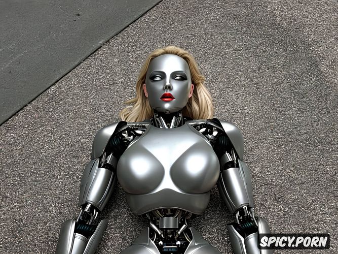 sexy blonde robot with fully metallic body and huge tits, internal robotic parts visible in the abdomen