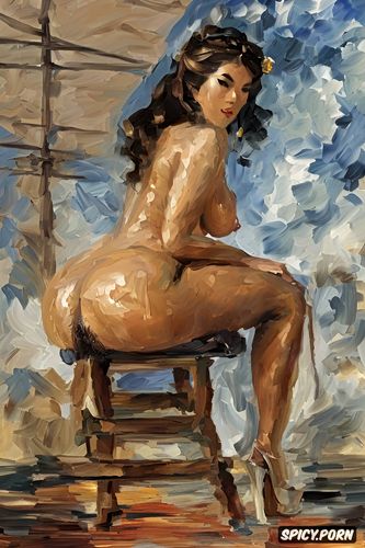 hairy pubis, stunning, pallette knife painting, fingering her pussy