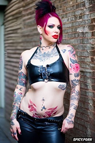 black leather top, tattooed, alleyway, leather pants, cute face