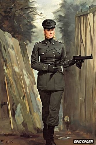 female nazi officer, hand gun, jules bastien lepage oil painting