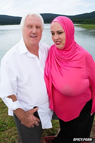 bbw, massive sagging breasts, red hijab, gigantic sagging breasts