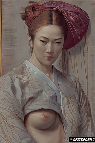 japanese woman nude, rembrandt painting, broad shoulders, delacroix painting