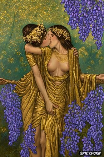 women in leafy spring forest with golden flowers fingertip nipple touching breasts golden chains and sere cloth