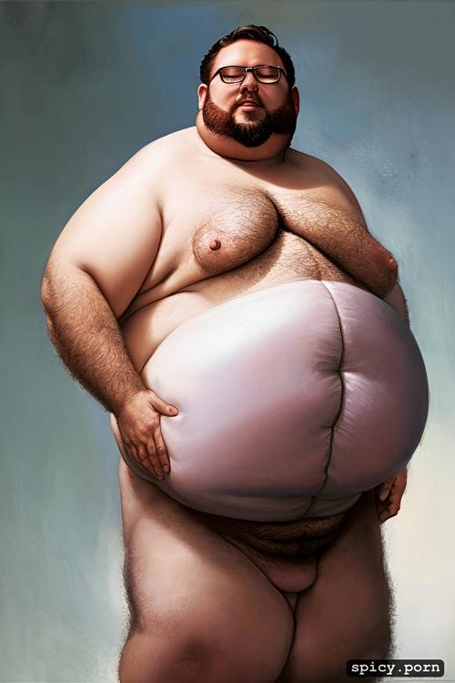cute round face with beard and glasses, whole body, hairy big belly