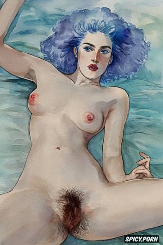 pale blue haired young woman masturbating, small tits, wide hips