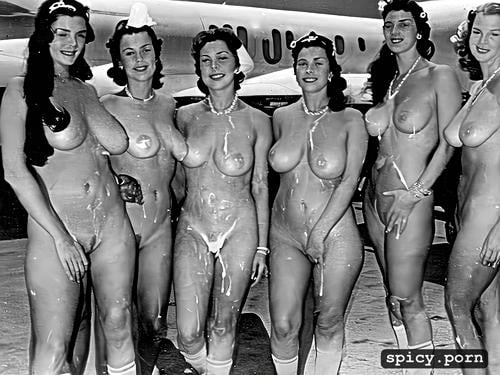 seductive, nude french polynesian stewardesses greeting passengers at an airport