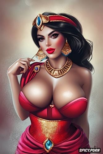slut makeup, princess jasmine, huge tits, glossy lips, huge pumped up lips
