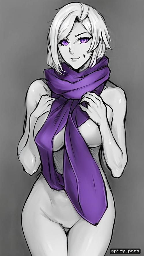 3dt, detailed, style pencil, highres, scarf, purple eyes, see through tanktop with underboob