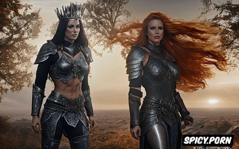 warriors crown, standing, orange hair, sexy fantasy armor, muscular woman