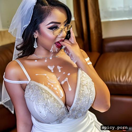 highres, covered in cum, busty natural malaysian 20 years old wearing wedding dress with cum on face and boobs