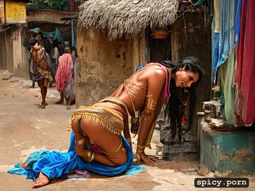 indian beggar, 30 40 yo woman, showing butthole from backside