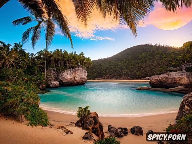 full moon, hiqh quality picture, nude, naked, sunrise, palm island in the background