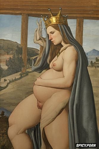 pregnant, spreading legs shows pussy, altarpiece, halo, crown on head crown radiate