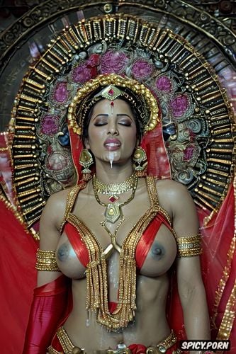 large areolas in crowded temple, beautiful face, wearing traditional hindu clothes