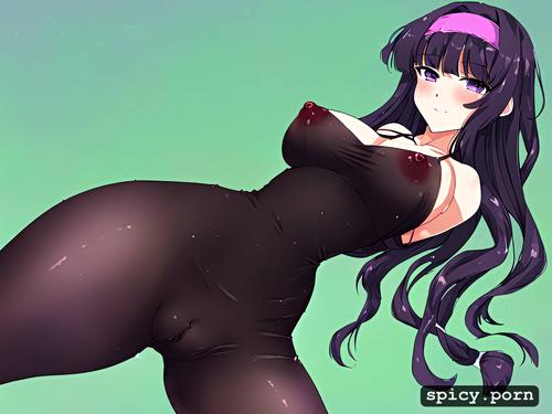 very long hair, dark purple hairband, pussy visible through clothes